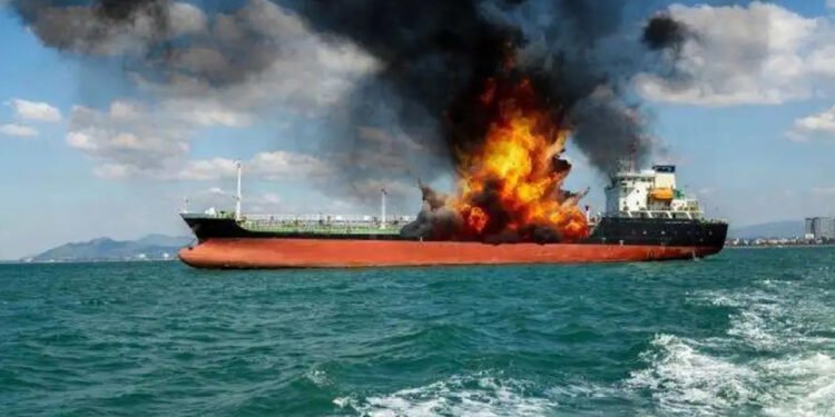 کەشتییەکی گواستنەوەی نەوت لە نزیک دوبەی کەوتەوە گڕی گرتووە